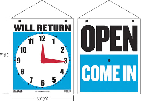 BAZIC Open Sign 7.5"x9", Double Sided Plastic Vinyl Signs, Clock Will Return, Business Store Office Retail Shop, 2-Pack