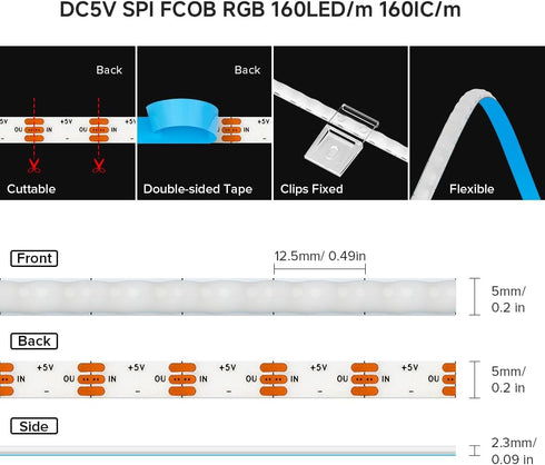 WS2812B 9.84FT 5V 5mm 160LEDs/m 480IC IC RGB COB LED Strip Individual Addressable Smart RGB Thin Dream Color Strips
