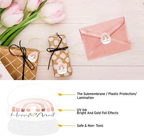 Easykart Happy Mail Gold Foil Boho Rainbow Stickers | 2 Inch, 500 pcs Decorative Envelope Sealing for Small Business