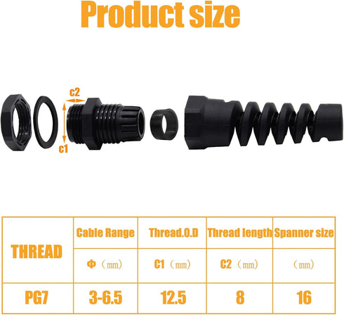 2 Pcs Black PG7 Cable Gland Waterproof IP68 Nylon Joint Adjustable Locknut with Flex Spiral Strain Relief for 4.5-7.8mm Dia Wire