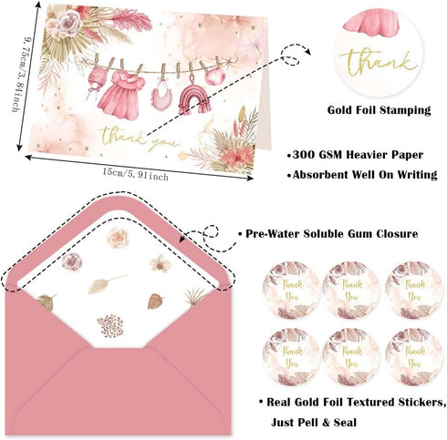 SolarGlory 50 Pack Set Pink Baby Shower Thank You Cards with Envelopes & Stickers for Girl, Floral Design Girl Thank