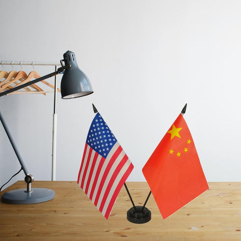 8 5 Inches Set American & China Table Flag, US & Chinese Desk Flag, x American & US Deluxe Desk Flag - America & China