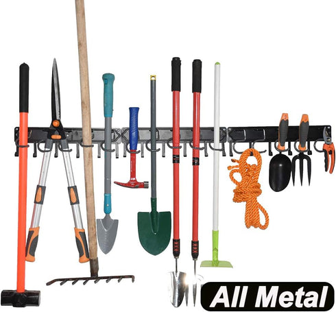 YueTong All Metal Garden Tool Organizer, Heavy Duty Adjustable Wall Mount Holder with Hooks (3 Pack)