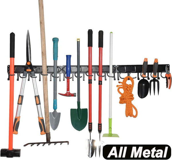 YueTong All Metal Garden Tool Organizer, Heavy Duty Adjustable Wall Mount Holder with Hooks (3 Pack)