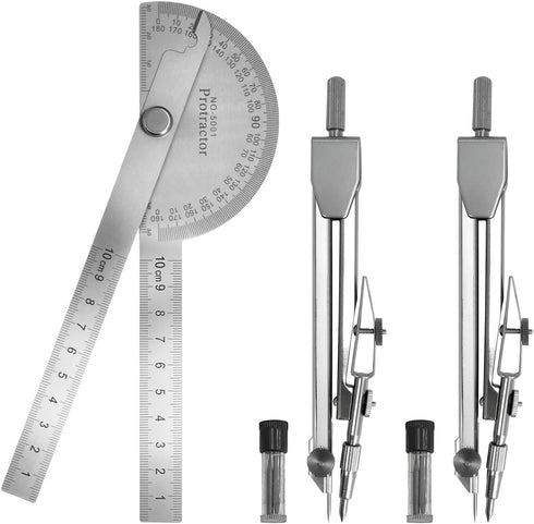 EQUNROY Protractor and Compass Set - 10cm (3.94 Inch) Stainless Steel Angle Finder