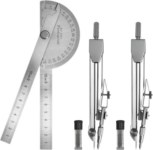 EQUNROY Protractor and Compass Set - 10cm (3.94 Inch) Stainless Steel Angle Finder