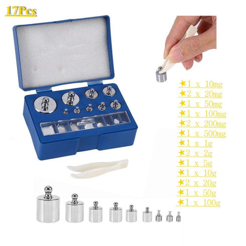 17Pcs Precision Calibration Weight Set, 1 x 100g, 1 x 50g, 2 x 20g, 1 x 10g, 1 x 5g, 2x2g, 1x 1g, 1x500mg