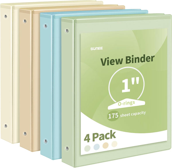 SUNEE 1 Inch 3 Ring Binder, Clear View, PVC-Free, Fits 8.5x11 Inches, Aesthetic, 4 Pack for School or Office