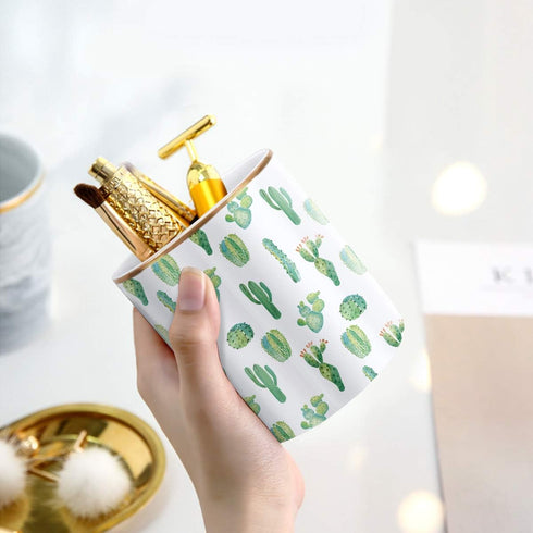 WAVEYU Pen Pencil Holder, Cactus, Multi-Purpose Desk Organizer for Girls Boys Kids, Durable Ceramic Makeup Brush Holder