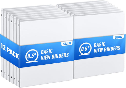 SUIN 1/2'' 3 Ring-Binders, 0.5 inch View-Binder, 100 Sheet Capacity, 12 Pack White for Office and School Use