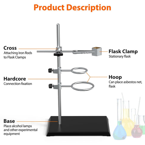 Chemistry Laboratory Stand Set with Support Stand, 2 Retort Rings, Rod and Flask Clamp