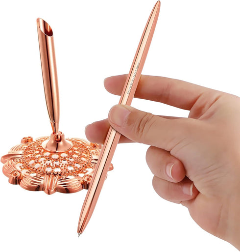 Hollow Round Signing Pen Set for Wedding Bridal, Rose Gold Pen Holder