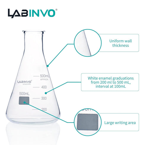 500ML Glass Erlenmeyer Flask, Narrow Mouth Graduated Conical Flask Set, 6pcs of 3.3 Borosilicate Glass