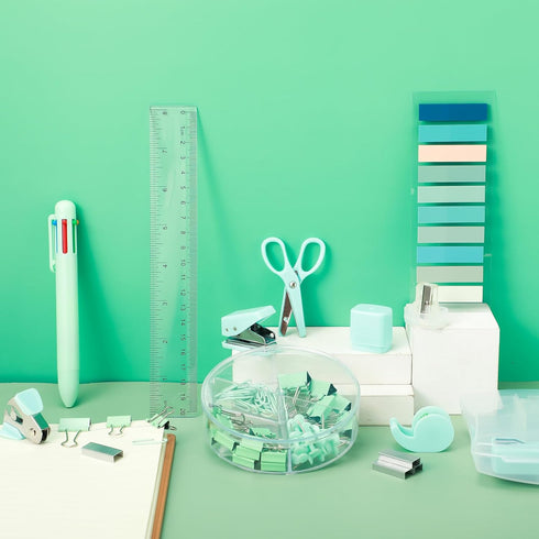Mini Office Supplies, Turquoise Green School Supplies with Sticky Notes, Mini Stapler, Tape Dispenser, and More