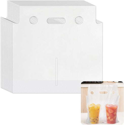 200 PCS Handle Drinking Poly Bags, Double Cup Carriers Bag Clear Portable