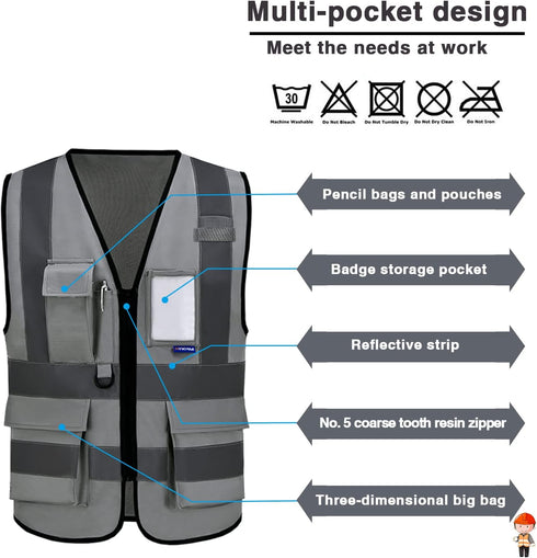 A-SAFETY Grey Security Vest with Zipper Pockets