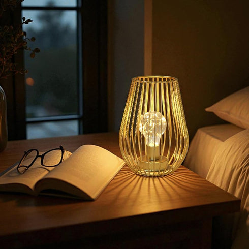 8'' Bulb TRIROCKS Metal Battery Operated Lamp Tall Cage Shape Cordless Table Lantern with Warm Fairy Lights