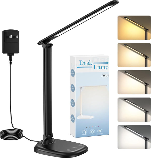 Desk Lamp with Charger, 10%-100% Stepless Dimmable & 5 Color Modes Study
