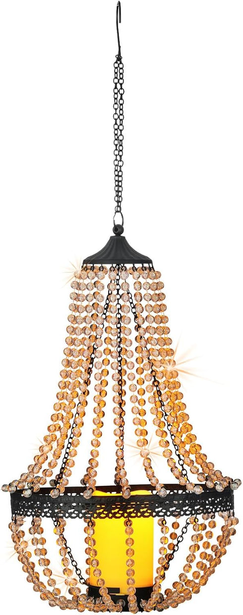 SUNNYPARK 27 Hanging Candle Lantern Outdoor, Battery Operated Modern Clear Acrylic Crystal Chandeliers with Flickering