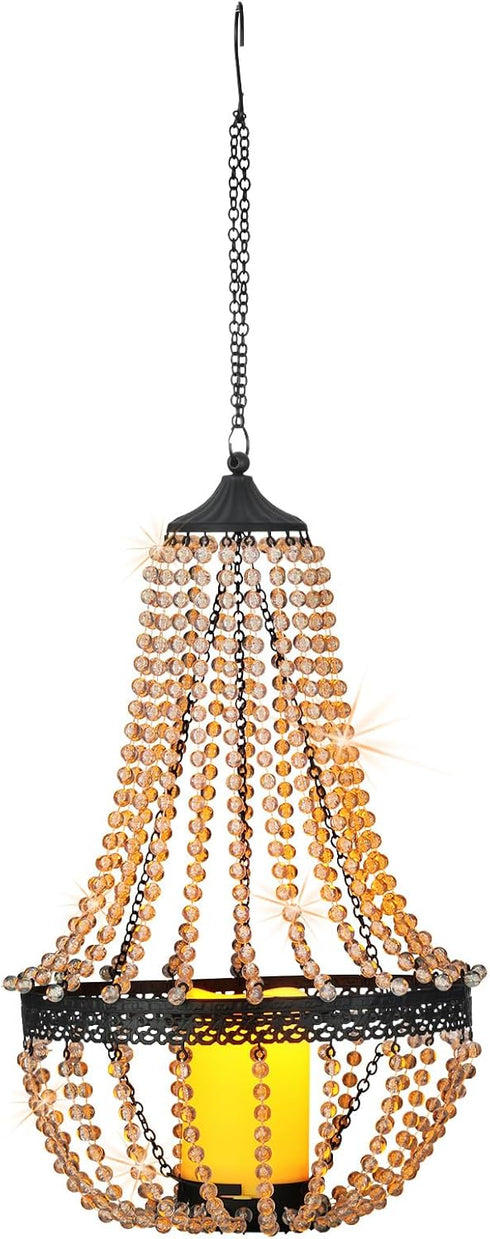 BAYN 27H Hanging Candle Chandelier Outdoor, Battery Operated Clear Acrylic Beaded Chandelier with Flickering Led Candle
