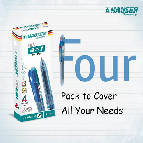 HAUSER 4 In 1 Colorful Pens, 4 Pc Ballpoint 1.0 mm Blue/Black/Red/Green, Note Taking, Back To School Supplies
