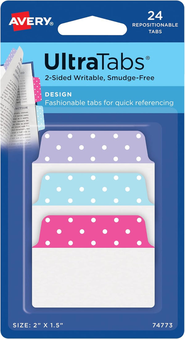 Avery Multiuse Ultra Tabs, 2" x 1.5", Assorted Pastel Dots, 24 Repositionable Tabs (74773)