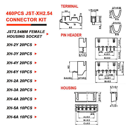 460PCS JST-XH Connector Kit, 2/3/4/5/6Pin Male & Female Housing Socket and XH 2.54mm Pin Connectors