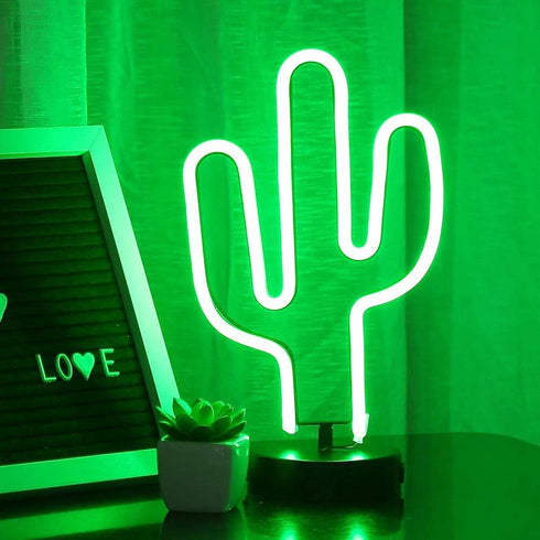 Green Cactus Neon Light Signs LED Cactus Neon Night Lights with Pedestal Room Decor Battery/USB Operation Lamps Neon