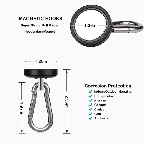 Magnetic Hooks 100lbs, Black Magnet Hooks with Swiveling Carabiner for Hanging, Strong Neodymium Magnet