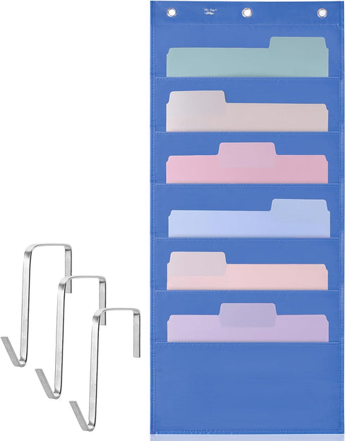 Mr. Pen Hanging Wall File Organizer, 6 Pocket Blue with 3 Overdoor Hangers