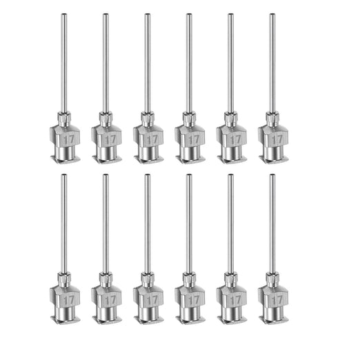 12pcs 1" 17 Gauge Stainless Steel Dispensing Needles, Blunt Tips Luer Lock for Thick Liquids, Ink, Glue, Lab Use