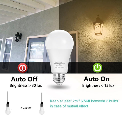 Dusk to Dawn Light Bulbs, Sensor E26 LED Bulb 9W (60W Equivalent), 825LM, 2700K Soft White, Auto On/Off light bulbs for Outdoor Lighting, 4-Pack by Amazing power