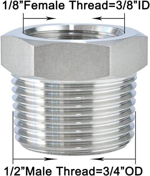 Joywayus Stainless Steel Hex Head Bushing Reducer Pipe Fitting, 1/2 NPT Male × 1/8 NPT Female (Pack of 2)