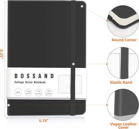 BOSSAND 6 Pack Lined Journal Notebooks, A5 Journals for Writing, 200 Pages, 100 GSM Thick College Ruled Paper