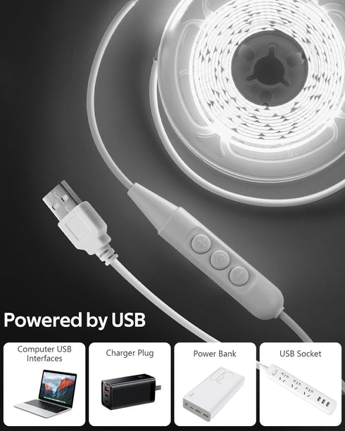 1M 5V 6000K Dimmable 3.28FT 320Leds 3D CRI>85 Aclorol COB LED Strip Light White USB Powered TV LED Backlights Flexible