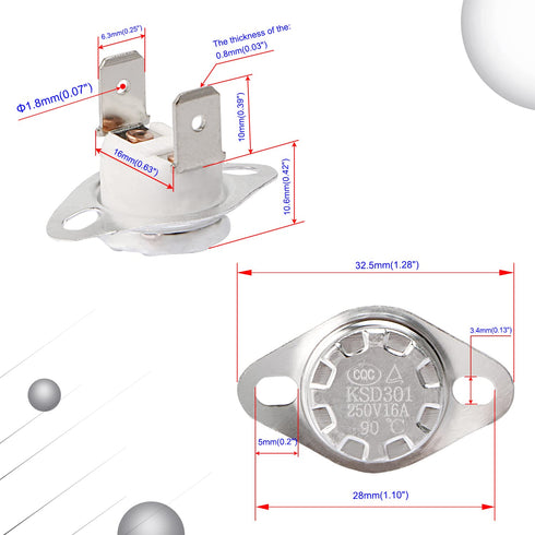 Aopin KSD301 Thermal Control Switch, Normally Closed NC 90 Degrees 250V 16A Toast Oven Thermostat - 8Pcs