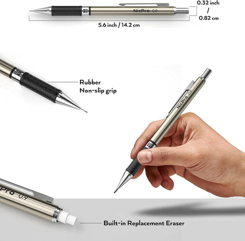 Nicpro 0.9 mm Art Mechanical Pencils Set in Gift Case, 6 PCS Metal Drafting Pencil with 6 Tube HB Lead Refills & 18 PCS