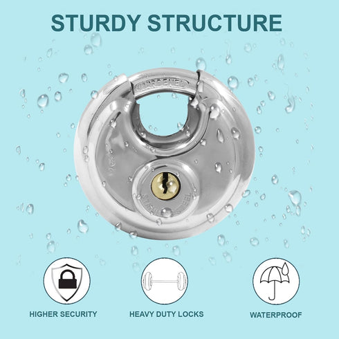 Round Disc Padlock, Heavy Duty Stainless Steel Lock with Key for Storage Units, Garages, and Sheds