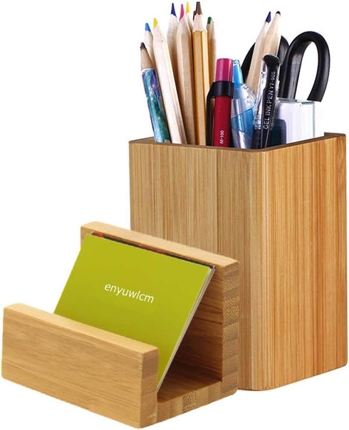Enyuwlcm Bamboo Wooden Pen Holder Cup - Desk Business Card Holder Stand for Office Home School (2 Packs)