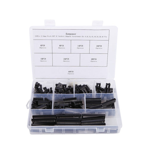 Eowpower 150 Pieces DIP IC Sockets Adaptor Assortment Kit - 2.54 mm Pitch, 6 8 14 16 18 24 28 40 Pin