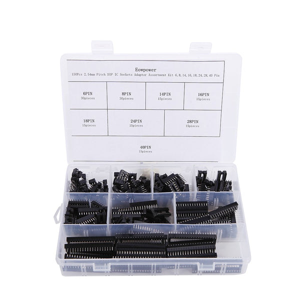 Eowpower 150 Pieces DIP IC Sockets Adaptor Assortment Kit - 2.54 mm Pitch, 6 8 14 16 18 24 28 40 Pin
