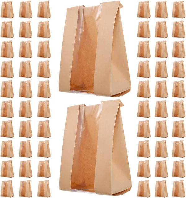 HEMOTON 100pcs Kraft Paper Bread Bags with Window Small Sandwich and Pastry