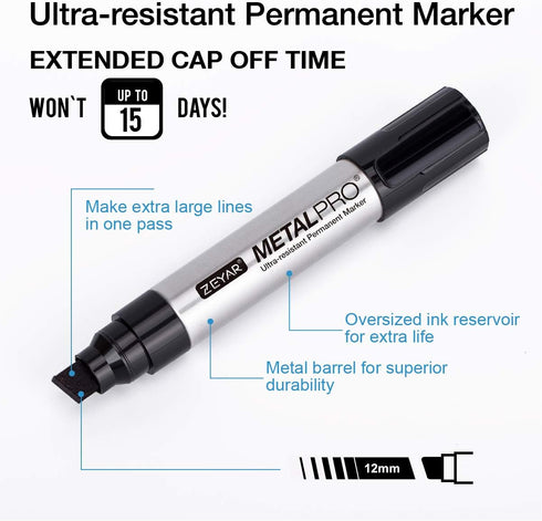ZEYAR Permanent Markers Pen, JUMBLE Size, Set of 4, Aluminum Barrel, Premium Waterproof & Smear Proof Markers
