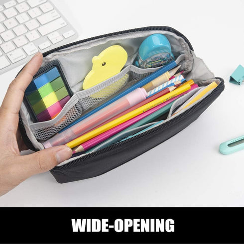 Sooez Wide-Opening Pencil Pen Case, Lightweight & Spacious Zipper Stationery Bag, Aesthetic Supply, Black