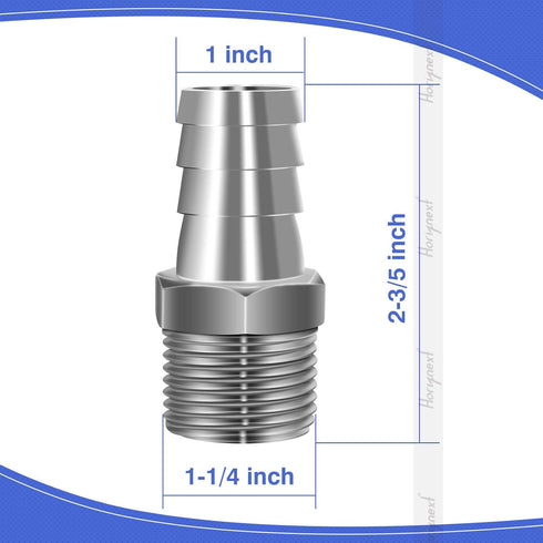 NPT 1" Male Thread to 1 Inch O.D. Barb Stainless Steel Pipe Fitting, Pack of 2 pcs for Connecting Air Hose Tubing