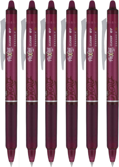 Pilot FriXion Ball Clicker Retractable Erasable Gel Pen, Fine Point 0.7mm, Burgundy Ink, 6 Count