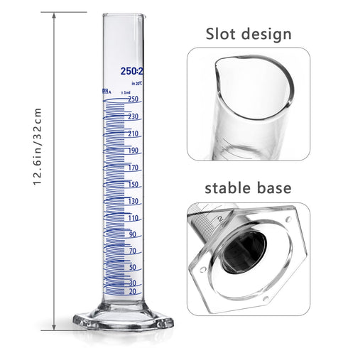 Thick Glass Graduated Cylinder Measuring Liquid Lab Hexagon Base Cylinders Come with One Glass Dropper (glass, 250ML)