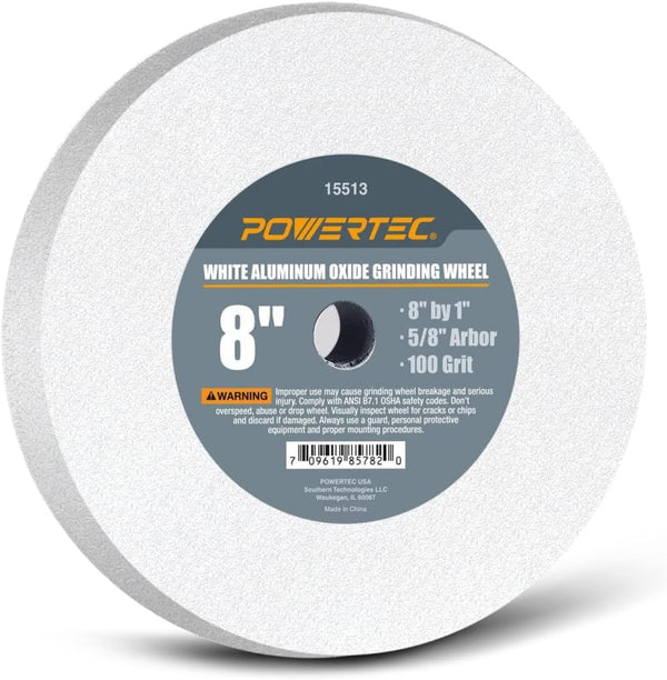 POWERTEC 15513 Bench and Pedestal Grinding Wheels, 8 Inch x 1 Inch, 100 Grit, White Aluminum Oxide Bench Grinder Wheel