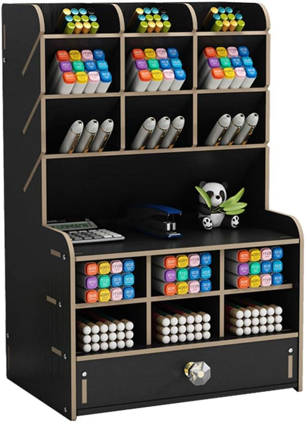 Wooden Desk Organizer with Drawer, Large Capacity DIY Pen Holder Storage Box for Office, Home, School Supplies, Black