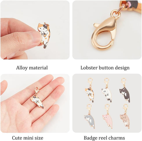 WEBEEDY 12 Pieces Enamel Badge Reel Charm - 6 Colors Cat Animal Badge Holder Charms for ID Card